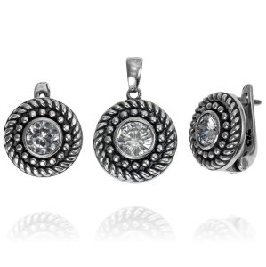 Piękny Srebrny Oksydowany Komplet z Cyrkoniami !  