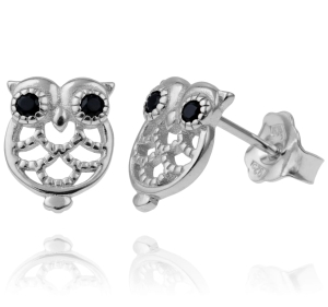 Piękne Srebrne Kolczyki Sowy z Cyrkoniami 