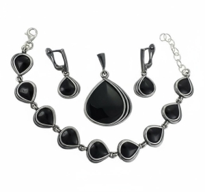 Srebrny Oksydowany Komplet z Czarnym Kwarcem !