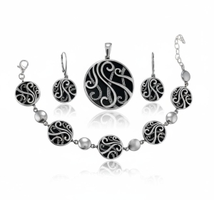 Srebrny Oksydowany Efektowny Komplet z Onyksem Onyksami