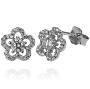 Srebrne Rodowane Kolczyki Kwiatki z Cyrkoniami
