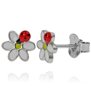 Srebrne Malowane Kolczyki Kwiatki z Biedronka