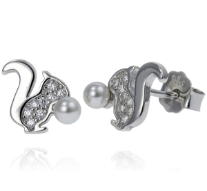 Srebrne Rodowane Kolczyki Wiewiórki z Cyrkoniami i Perłą