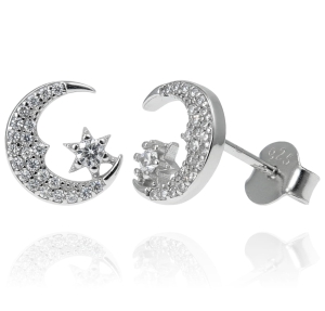 Srebrne Rodowane Kolczyki Księżyc z Gwiazdką z Cyrkoniami