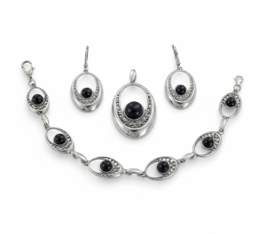 Piękny Srebrny Ażurowy Komplet z Onyksem  !!! Najnowszy Wzór!!!