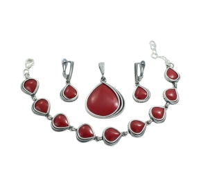 Piękny Srebrny Oksydowany Komplet z Kwarcem Bordowym - Jakość ! 