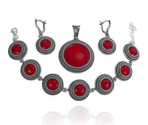 Piękny Srebrny Oksydowany Komplet z Kwarcem Bordowym - Jakość !