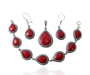 Piękny Srebrny Oksydowany Komplet z Kwarcem Bordowym - Jakość !