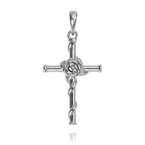 Piękny Srebrny Krzyż Krzyżyk z Różą