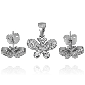 Piękny Srebrny Rodowany Komplet Motyl z Cyrkoniami !