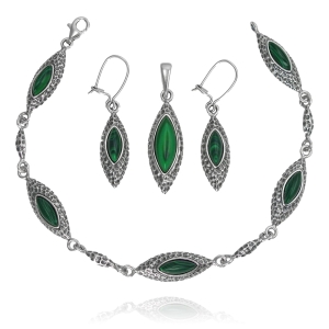 Piękny Srebrny Oksydowany Komplet z Malachitem !  