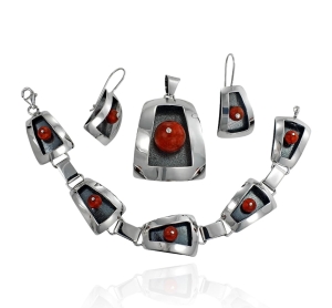 Piękny Srebrny Oksydowany Komplet z Koralem !!!