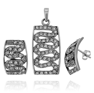 Piękny Srebrny Ażurowy Komplet z Cyrkoniami ! 