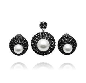 Piękny Srebrny Komplet z Perłami i Cyrkoniami !