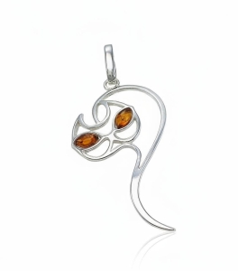 Cudny Srebrny Wisiorek Kot z Bursztynami !!!