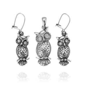 Srebrny Oksydowany Komplet Sowy z Cyrkoniami