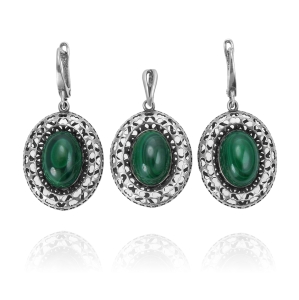 Srebrny Ażurowy Komplet z Malachitem