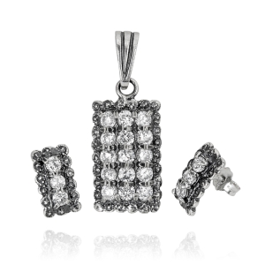 Piękny Srebrny Oksydowany Komplet z Cyrkoniami 