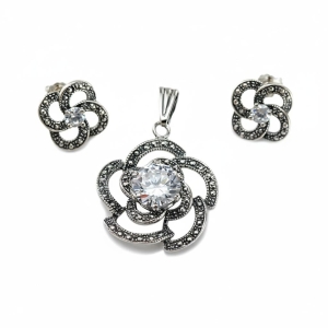 Srebrny Oksydowany Komplet Efektowny Kwiat z Cyrkonią !