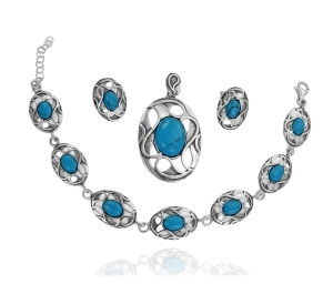 Piękny Srebrny Fantazyjny Oksydowany Komplet z Turkusami !!!