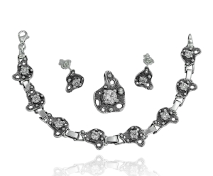 Piękny Srebrny Oksydowany Komplet z Cyrkoniami !!!