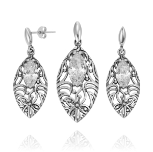 Piękny Srebrny Ażurowy Komplet z Cyrkoniami