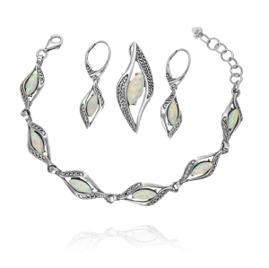 Piękny Srebrny Ażurowy Komplet z Opalem
