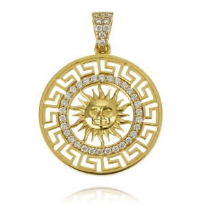 Złoty Wisiorek Słońce z Greckim Wzorem z Cyrkoniami