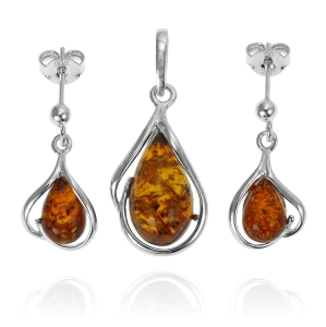 Efektowny Srebrny Komplet z Bursztynami 