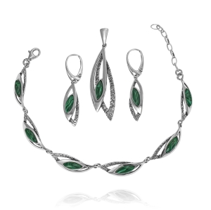 Piękny Srebrny Oksydowany Komplet z Malachitem ! 