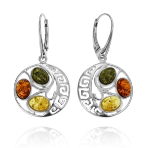 Srebrne Piękne Ażurowe Kolczyki z Bursztynami !