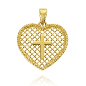 Złoty Ażurowy Wisiorek Krzyż w Sercu - Próba 585