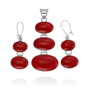 Piękny Srebrny Komplet z Czerwonym Koralowcem