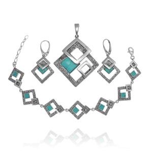 Srebrny Oksydowany Komplet z Turkusem Turkusami
