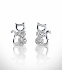 Piękne Srebrne Kolczyki Rodowane Kotki z Cyrkoniami !!!