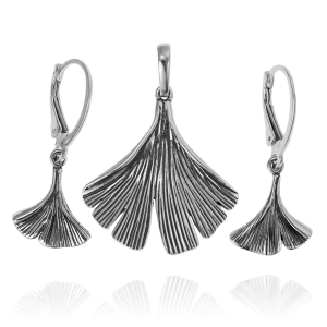 Srebrny Oksydowany Komplet Liść Miłorzębu