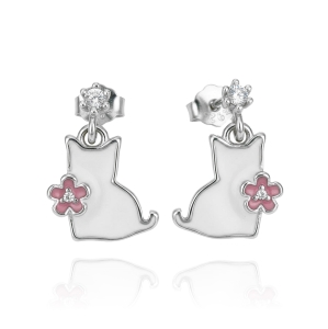 Srebrne Malowane Kolczyki Kotki z Cyrkoniami