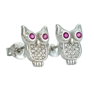 Piękne Srebrne Rodowane Kolczyki Sowy z Cyrkoniami !!!