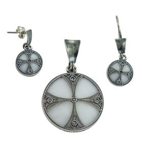 Piękny Srebrny Oksydowany Komplet z Białym Kwarcem - Jakość !