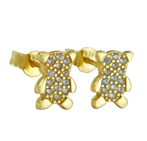 Piękne Srebrne Pozłacane Kolczyki Misie z Cyrkoniami na Sztyfcie !