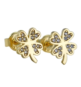 Piękne Złote Kolczyki Koniczynki z Cyrkoniami na sztyft - Próba 585 !!!