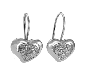 Srebrne Rodowane Kolczyki Serca z Cyrkoniami na Biglu