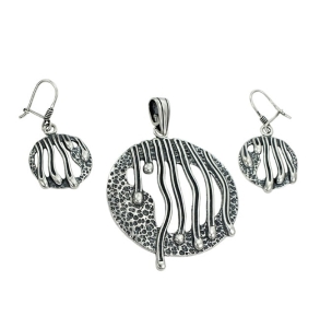 Piękny Srebrny Solidny Oksydowany Komplet Fantazyjny Wzór !