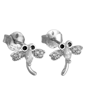 Piękne Srebrne Rodowane Kolczyki Ważki,Ważka z Cyrkoniami na Sztyft !