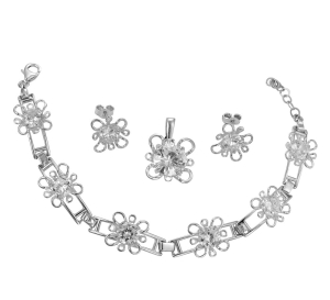 Piękny Srebrny Komplet z Cyrkonią - Fantazyjny Efektowny Wzór !!!