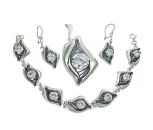 Piękny Srebrny Fantazyjny Oksydowany Komplet z Cyrkoniami !!!