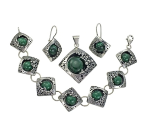 Piękny Srebrny Komplet z Malachitem - Bardzo Efektowny !!! 