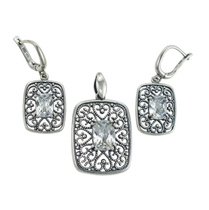 Piękny Srebrny Oksydowany i Ażurowy Komplet z Cyrkoniami !