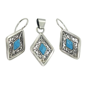 Piękny Srebrny Ażurowy Komplet z Turkusem !!!