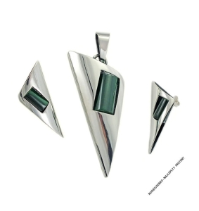 Piękny Srebrny Nowoczesny Komplet z Malachitem JAKOŚĆ !!!